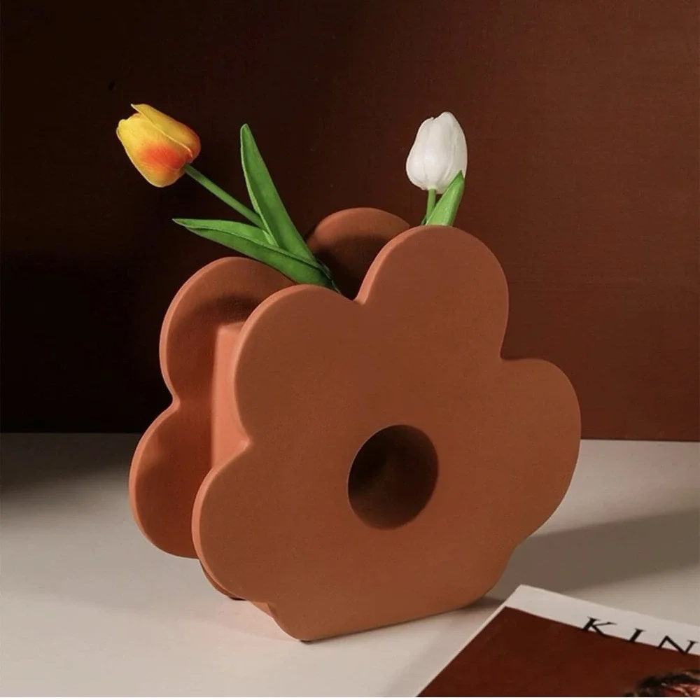 Flower-Shaped vase, French Vintage Fower Vessel, Large Matte Red Ceramic Vase